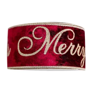 Nastro natalizio in velluto bordeaux con scritta 'Merry' in glitter dorati per regali.