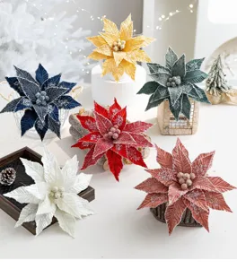 Set of artificial velvet Christmas poinsettia flowers with glitter for tree decoration
