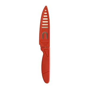 Portable stainless steel fruit knife with protective red sheath for kitchen and outdoor use.