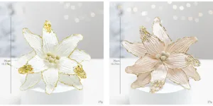 Detail view of artificial glitter poinsettia flowers showing 26cm size and 37g weight