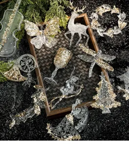 Close-up detail of transparent acrylic Christmas ornaments with sparkling gold sequins decoration
