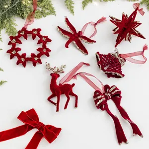 Burgundy Flocked Christmas Ornaments Deer Bow Wreath Star Dragonfly Pendant For Christmas Tree DIY Garland Wine Red Glitter Hanging Decor