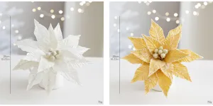 Detailed comparison of white and gold glittery artificial Christmas poinsettia flowers
