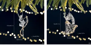 Detail view of transparent acrylic angel and ballerina Christmas ornaments with size markings