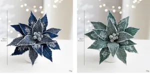 Detailed view of blue and green artificial Christmas flowers with ice crystals decoration.