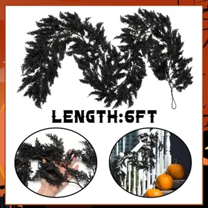 Detailed 6ft black cedar leaf garland for spooky Halloween fireplace and front door decor