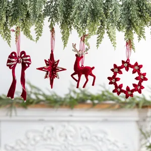 Set of 4 burgundy flocked Christmas ornaments with glitter details and reindeer motif