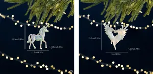 Measurements of iridescent white unicorn and angel wing Christmas tree ornaments