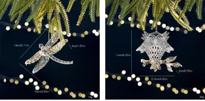 Detailed dimensions of acrylic Christmas dragonfly and owl ornaments with gold sequins.