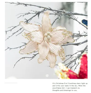 Detailed close-up of champagne velvet poinsettia flower with glitter for Christmas DIY