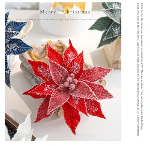Detailed view of artificial red velvet Christmas poinsettia with glitter crystals