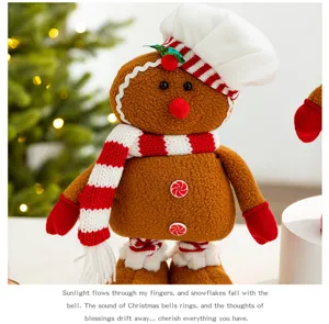 Close-up of plush gingerbread man doll with chef hat and scarf Christmas decoration
