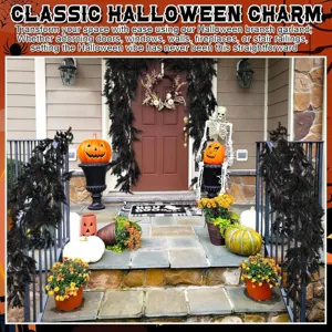 Black Halloween pine branch garland decorating a front porch entrance for a spooky vibe