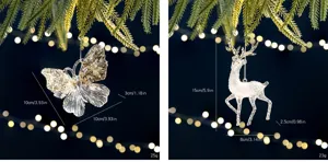 Detailed dimensions of clear acrylic butterfly and deer Christmas ornaments with sequins