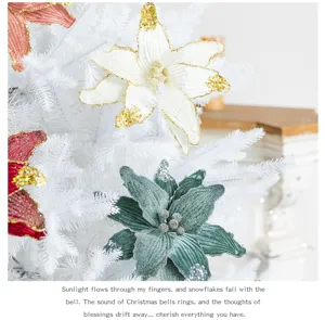 Macro detail of wine red velvet and champagne sequin Christmas flowers on white tree