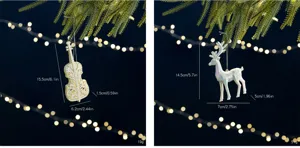 Iridescent white reindeer and cello Christmas tree ornaments with size and weight specs.