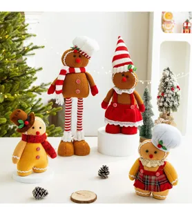 Charming plush gingerbread man dolls in festive outfits for Christmas decor.