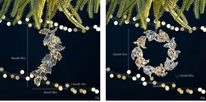 Detail view of transparent acrylic Christmas ornaments with gold sequins and measurements
