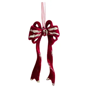 Elegant burgundy flocked velvet Christmas bow ornament with gold glitter stripes.
