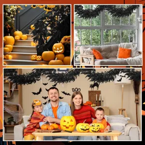 Black cedar garland Halloween decoration shown in stairs, window, and living room