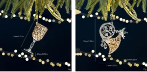 Detailed product measurements for acrylic sequin wine glass and horn tree ornaments