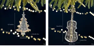 Detailed size specifications for clear acrylic Christmas tree and violin ornaments with sequins