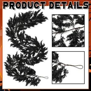 Detailed view showing textures of black artificial cedar garland for Halloween home decor.
