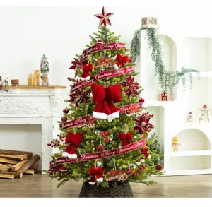 Festive burgundy flocked Christmas tree ornaments set with ribbons and bows