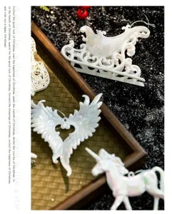 Close-up of white iridescent Christmas ornaments featuring angel wings and a unicorn.
