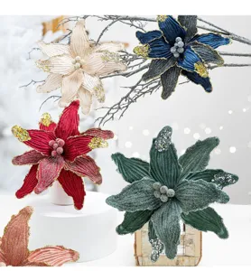 Group of assorted velvet Christmas flowers with sparkling sequins for DIY decor