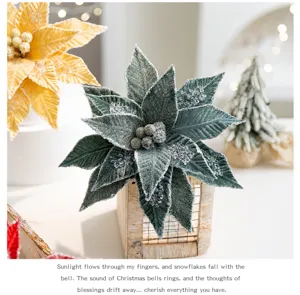 Close-up of green frosted artificial Christmas poinsettia with crystal details