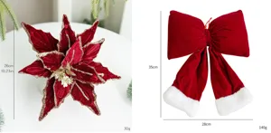 Detailed dimensions of burgundy flocked poinsettia flower and velvet Christmas bow ornaments.