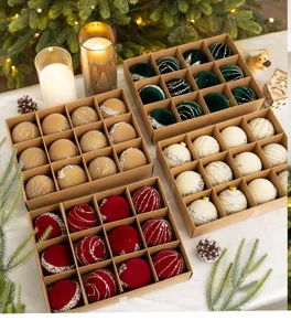 Detailed view of flocked and painted Christmas ornaments with pearl accents