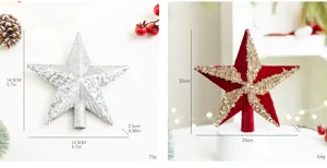 Maatdetails voor kerstboomtoppers in zilveren glitter en rood fluweel, 14,5 cm en 20 cm.