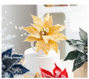Close-up of gold velvet Christmas flower with ice crystal texture for DIY decor.