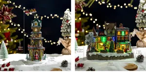 Detailed view of glowing Christmas village scenes with dimensions and weights included