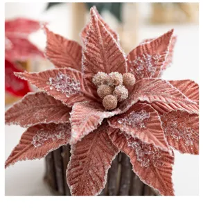 Macro detail of high-grade pink velvet Christmas flower with sparkling ice crystal decor