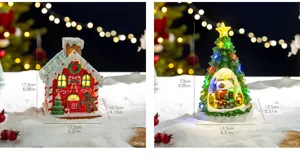 Size chart for light-up Christmas tree and gingerbread house tabletop ornaments.