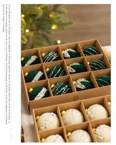 Close-up of luxury flocked Christmas ornaments decorated with pearls and glitter in a box