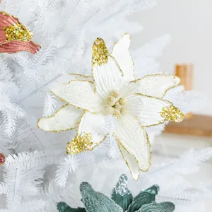 Elegant white and gold glitter artificial poinsettia flower for Christmas tree decoration