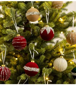 Exquisite flocked dark red Christmas ball ornaments with pearl and glitter details