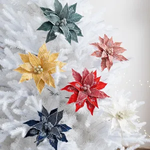 Glittering artificial poinsettia flowers set for Christmas tree decoration in mixed colors