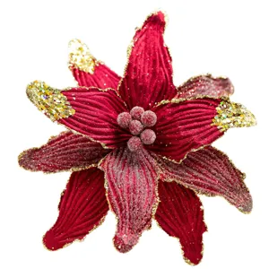 Burgundy velvet Christmas flower with sparkling gold glitter edges for tree decoration