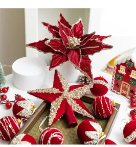 Burgundy flocked Christmas ornament set with star topper and glitter baubles