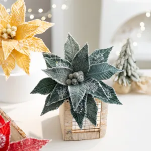 Elegant dark green velvet Christmas poinsettia flower with ice crystal beads for tree decor