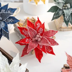 High-end red velvet artificial Christmas flowers with ice crystal beads for tree decor.