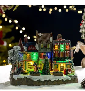 Macro detail of a festive lit-up Christmas village house with colorful LED lights