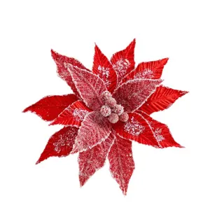 Artificial red velvet Christmas poinsettia with ice crystal accents for DIY tree decor.