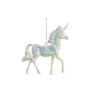 Iridescent white unicorn Christmas tree ornament with a pearly holographic finish
