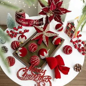 Wine Red Flocking Christmas Tree Ornaments Set Burgundy Velvet Ball Star Tree Topper Flowers Bows DIY Holiday Decor Gift Pack